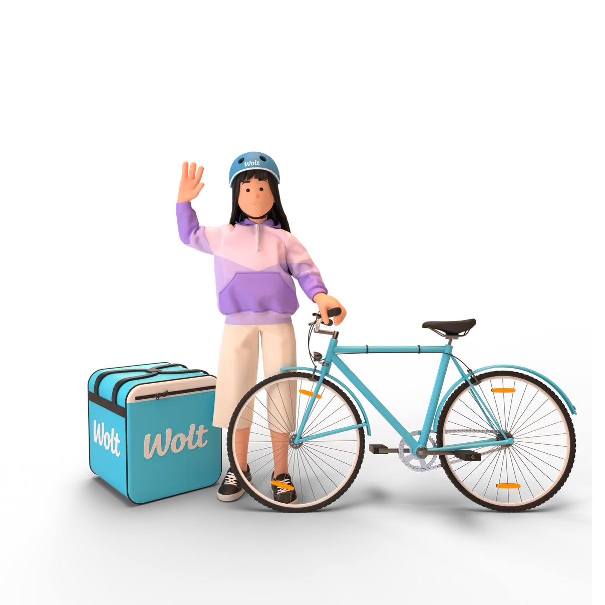 A Wolt courier waving beside a bicycle and delivery backpack