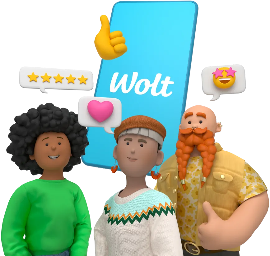 Three shoppers standing in front of a phone showing the Wolt app, surrounded by rating and reaction bubbles