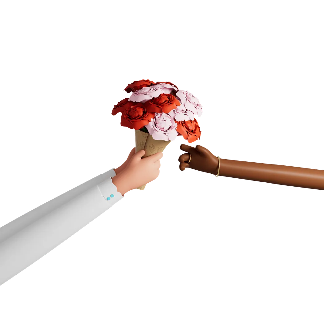 A bouquet of red and white roses passed from one hand to another
